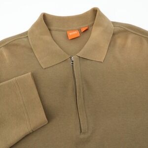 BOSS Hugo Boss 1/4 Zip Long Sleeve Polo Shirt Mens L Khaki Knit - Minor Flaw‎